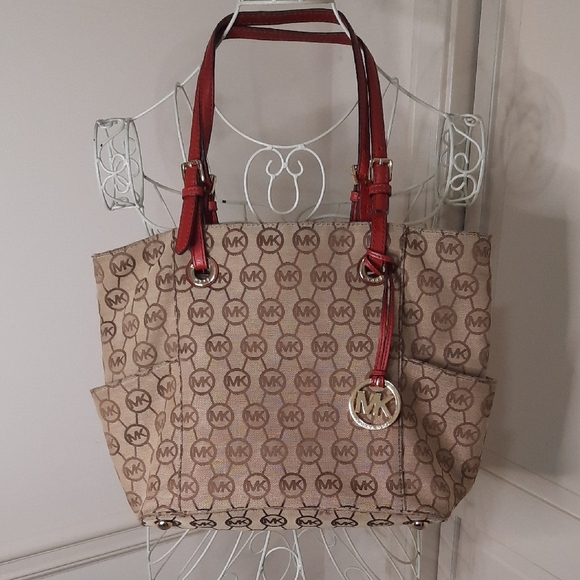 Michael Kors Tan and Red Signature Tote - Picture 1 of 12